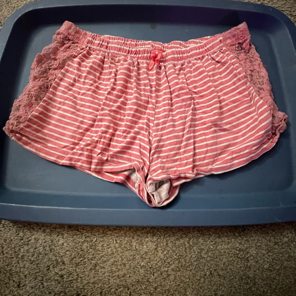 Striped Pink Lace Trim Sleep Shorts